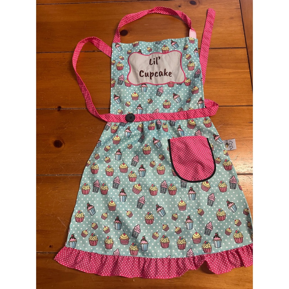 Izzy Kids Lil Cupcake Apron Blue Pink Polka Dot Ruffle Baking Chef Smock